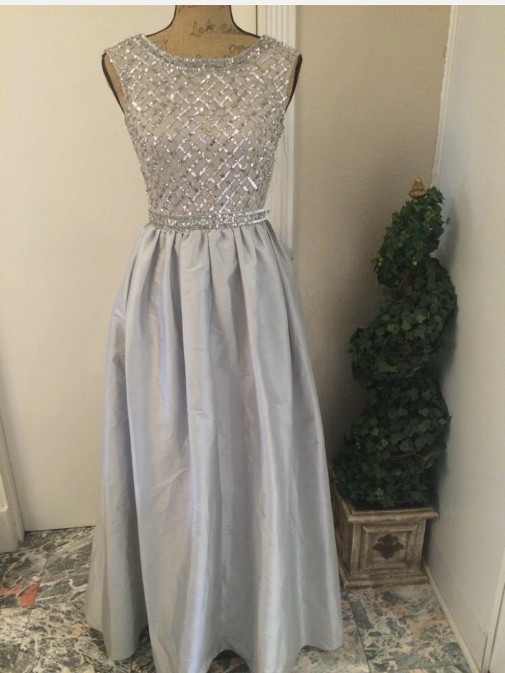 Silver Beaded A-Line Evening Dress Aiden Mattox